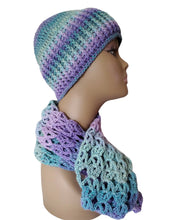 Load image into Gallery viewer, Purple &amp; Teal Beanie and Scarf Set
