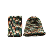 Load image into Gallery viewer, Grab this Woodsy Beanie and Scarf Set for yourself! This set is a blend of colors which include black, hunter green, tan, cream, and green.
