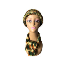 Load image into Gallery viewer, Grab this Woodsy Beanie and Scarf Set for yourself! This set is a blend of colors which include black, hunter green, tan, cream, and green.
